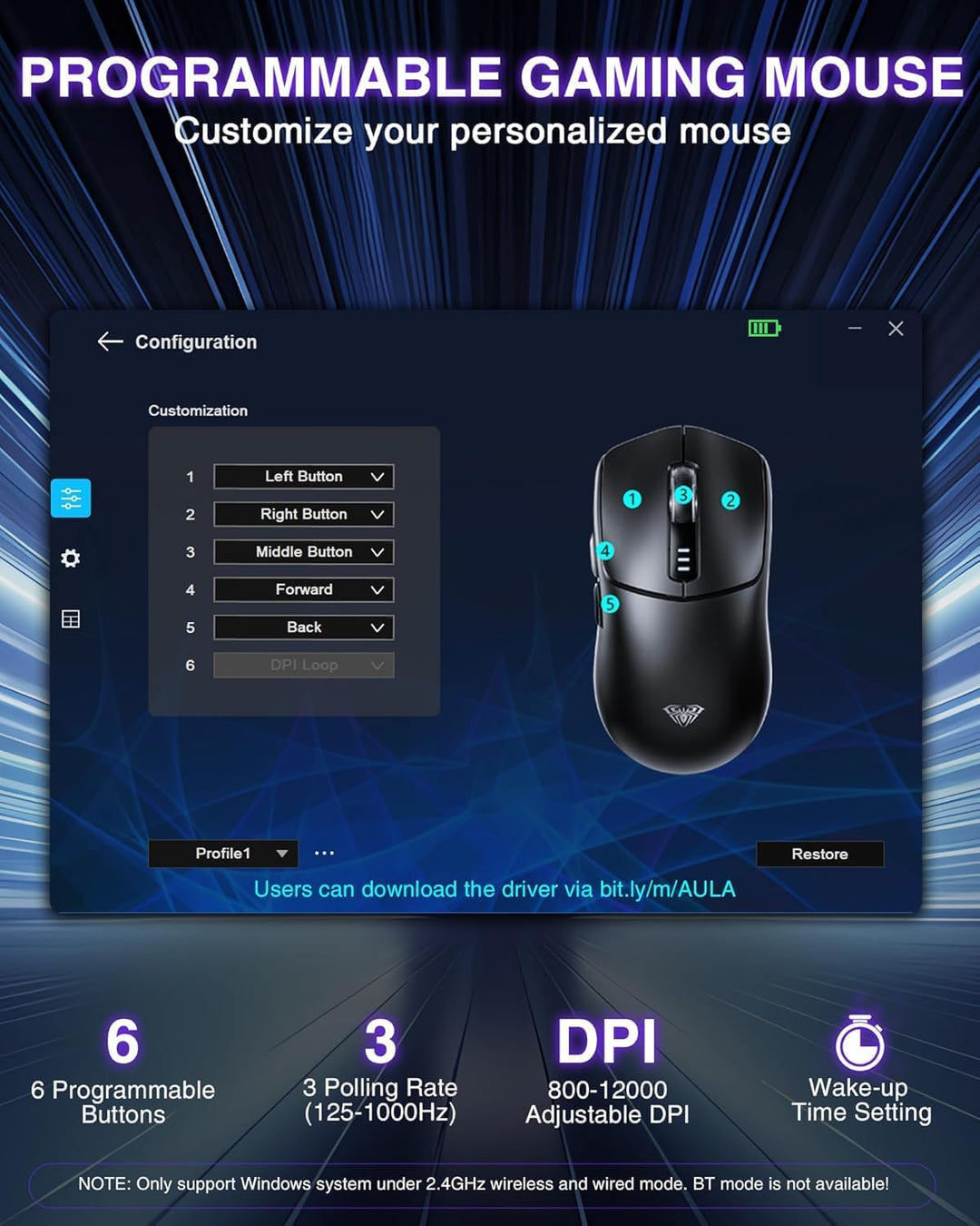 AULA SC580 Gaming Maus Kabellos,2.4GHz/USB-C/BT Wireless Gaming Mouse,12000DPI,6 Programmierbare Tas