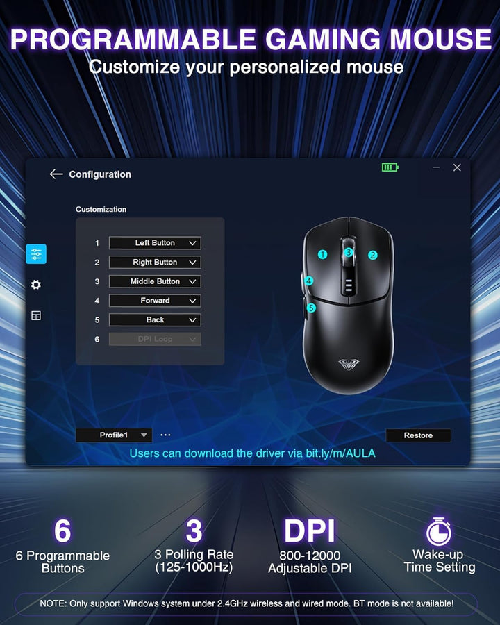 AULA SC580 Gaming Maus Kabellos,2.4GHz/USB-C/BT Wireless Gaming Mouse,12000DPI,6 Programmierbare Tas