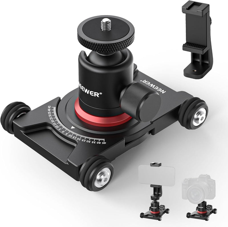 NEEWER Kamera Slider Dolly mit Kugelkopf und Telefonklemme, 4 rädriger Tisch Dolly mit 360° Panorama