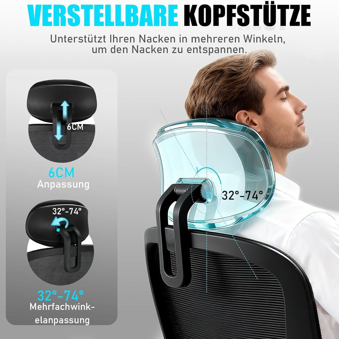 Bürostuhl, Ergonomischer Bürostuhl mit Verstellbarer 4D Lendenwirbelstütze, Schreibtischstuhl mit Ko