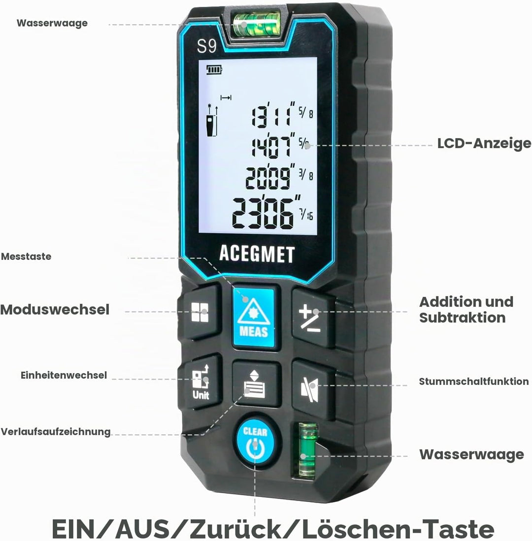 ACEGMET Laser-Entfernungsmesser Smartphone-App,Reichweite, 2 Wasserwaagen, Bluetooth,LCD-Display mit