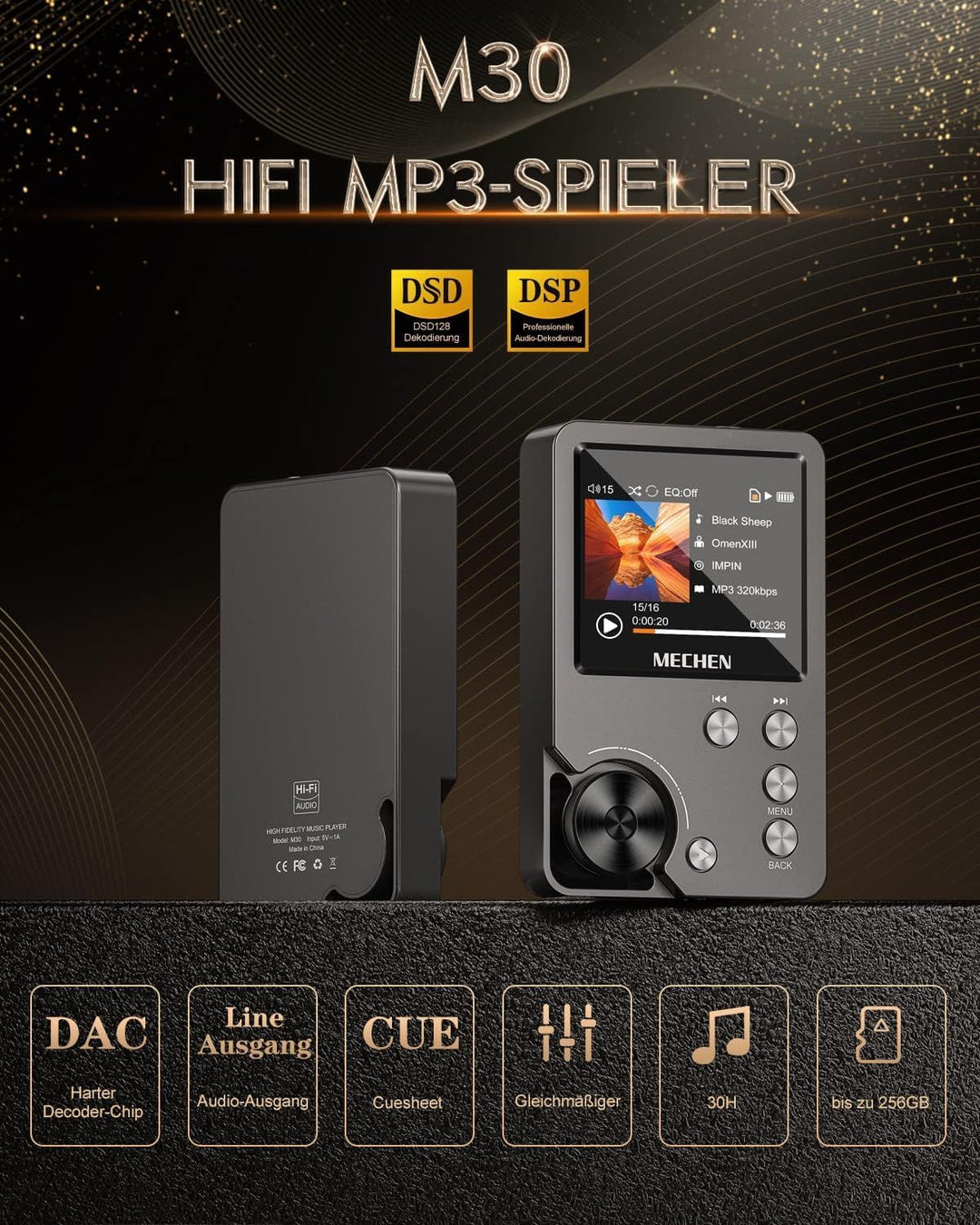 MECHEN M30 MP3 Player 64GB Hi Res Audio mit DSD FLAC Grau, Grau
