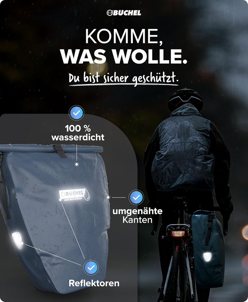 Büchel Fahrradtasche für Gepäckträger I 25.4 L - 100% Wasserdicht I mit Tragegriff und Schultergurt