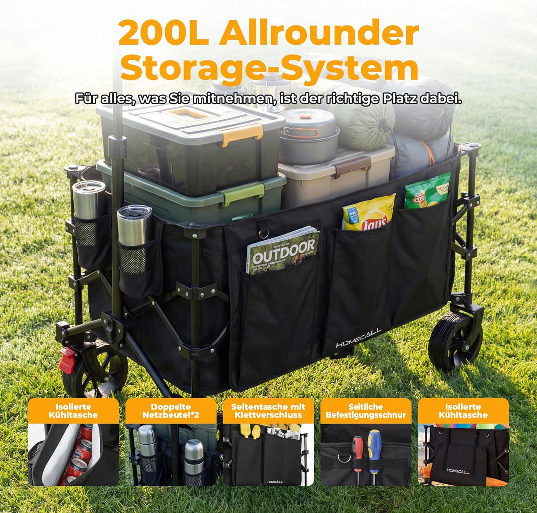 Homecall Bollerwagen Faltbar 200L, Bis 200KG mit Regenschutz, Bremsen | Strandwagen Klappbar mit Ref