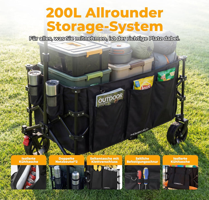 Homecall Bollerwagen Faltbar 200L, Bis 200KG mit Regenschutz, Bremsen | Strandwagen Klappbar mit Ref