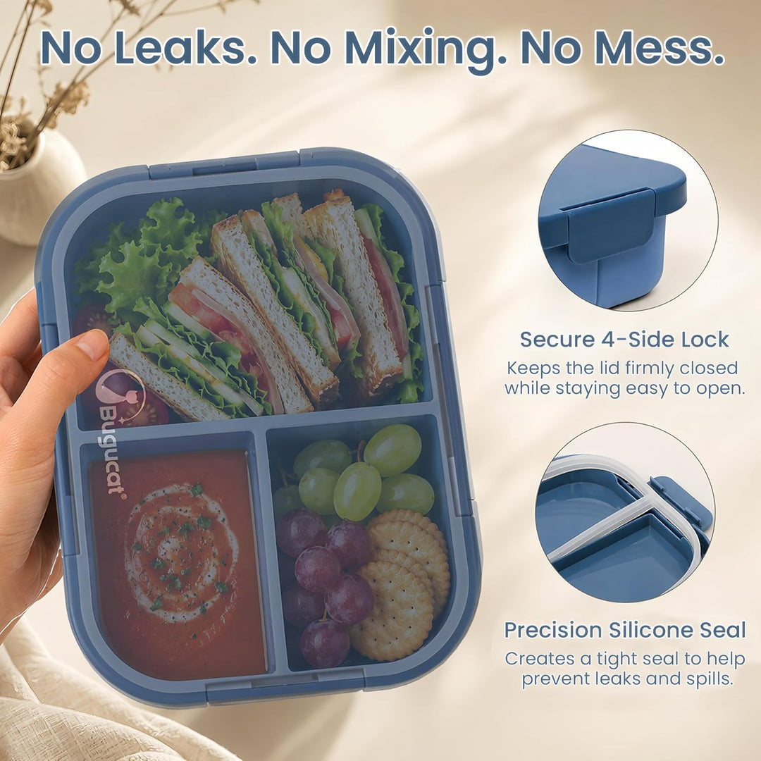 Bugucat Bento Box für Erwachsene Kinder 1300 ml, Auslaufsichere Lunchbox mit 3 Fächern, BPA-freie Br