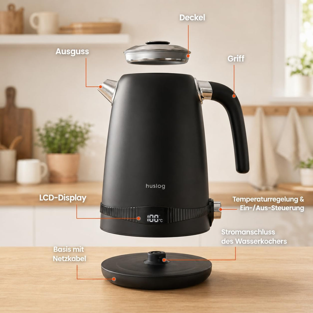 Wasserkocher Retro 1,7L 2200W mit Temperaturregelung, LCD-Display, 7 Temperaturstufen 40-100°C, Cool