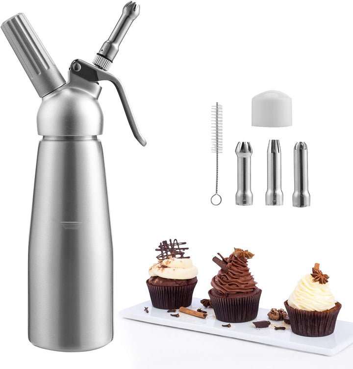 Yakimz Sahnespender Aluminium/Edelstahl Sahnesyphon, 0,5 L Mit 3 Edelstahl Deko-Düsen und Reinigungb