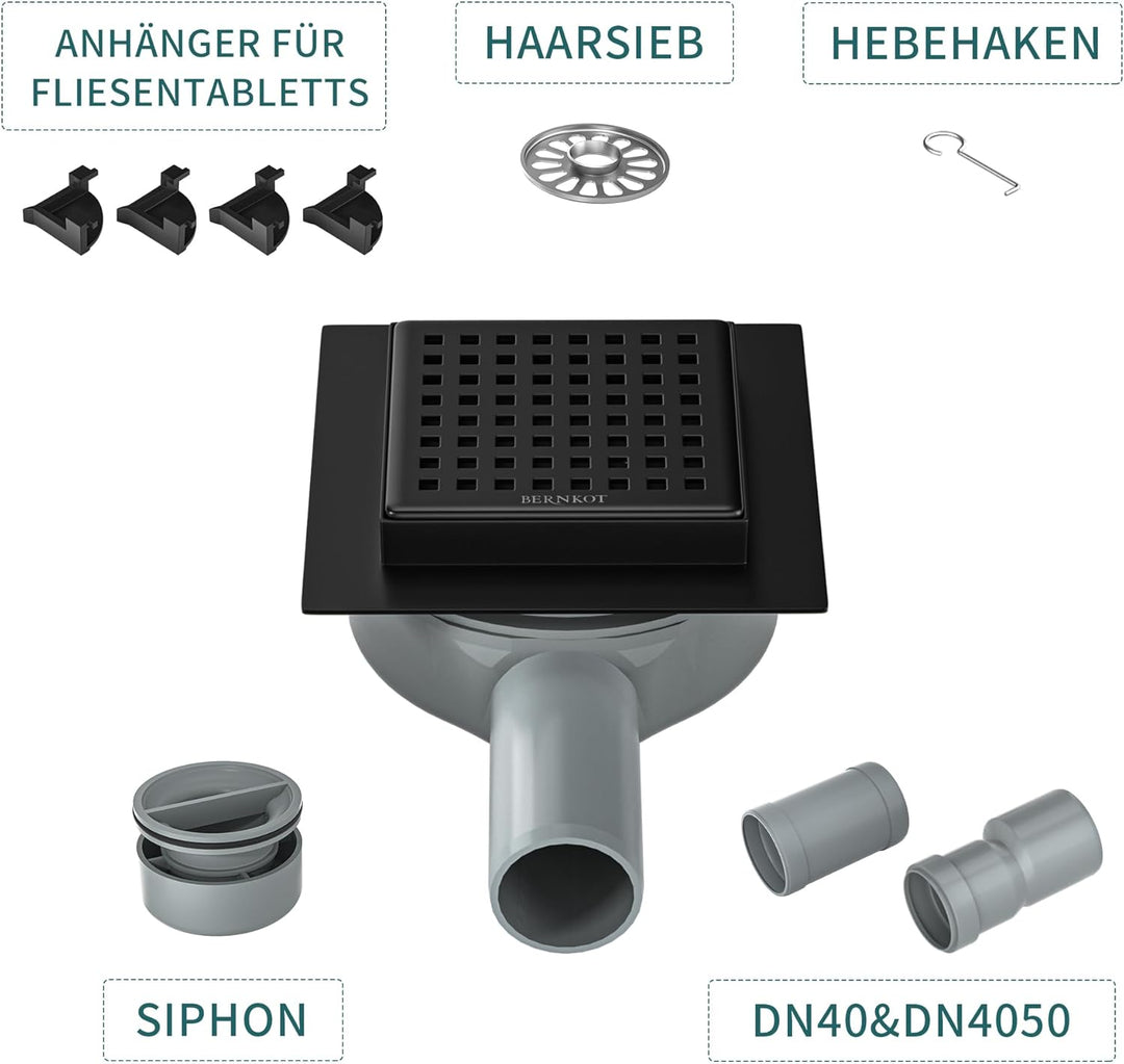 Duschrinne Quadrat 10 * 10cm, 360° Siphon mit Geruchsstop und Haarsieb Edelstahl Ablaufrinne Bodenab