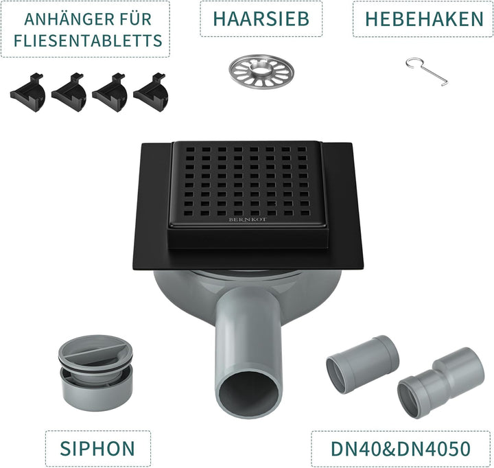 Duschrinne Quadrat 10 * 10cm, 360° Siphon mit Geruchsstop und Haarsieb Edelstahl Ablaufrinne Bodenab