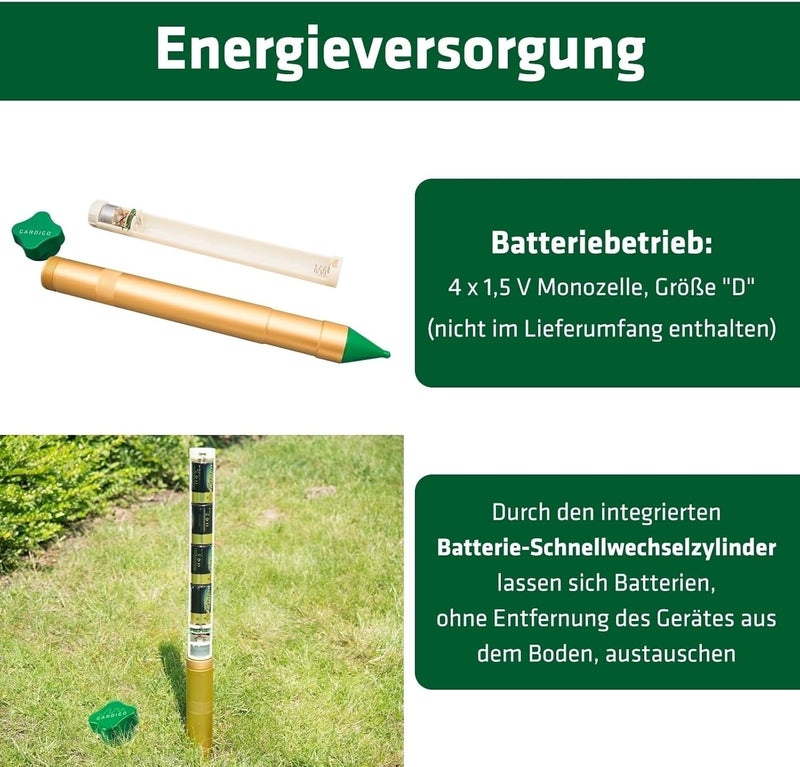 GARDIGO® Maulwurf Vertreiber Vibrasonic - 2er Set I Maulwurfabwehr mit Vibrationsmotor I wechselnde