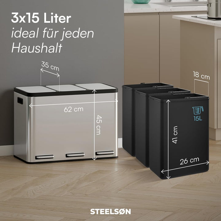 STEELSØN Epsilon Mülleimer 3 Fächer – Mülltrennsystem Küche 3x15L aus Edelstahl Silber – Tretmülleim
