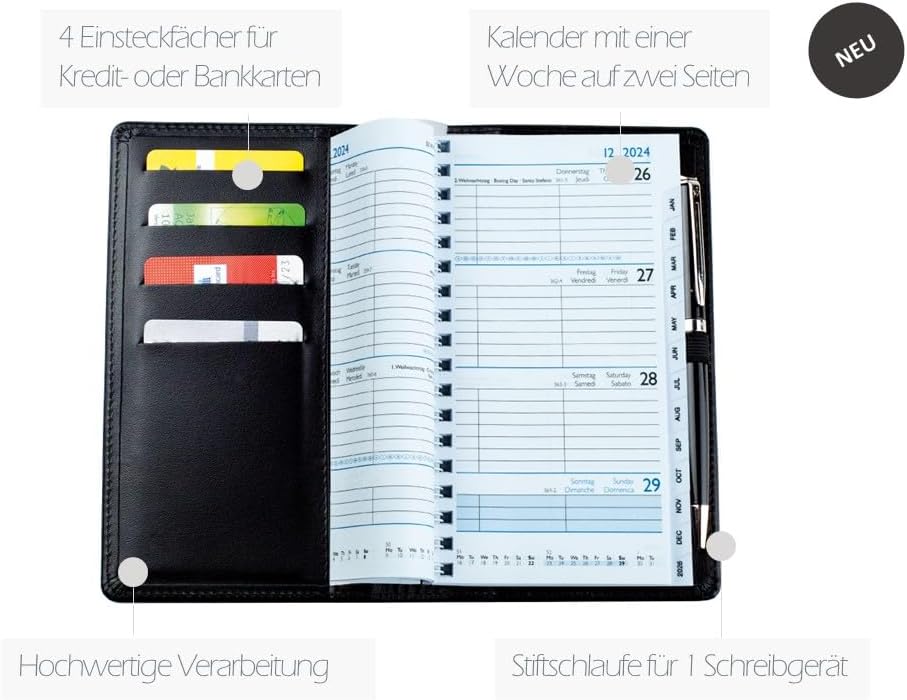 DELMON VARONE - Personalisierbarer Taschenkalender 2024 Boxcalf Leder schwarz - Organizer Terminplan