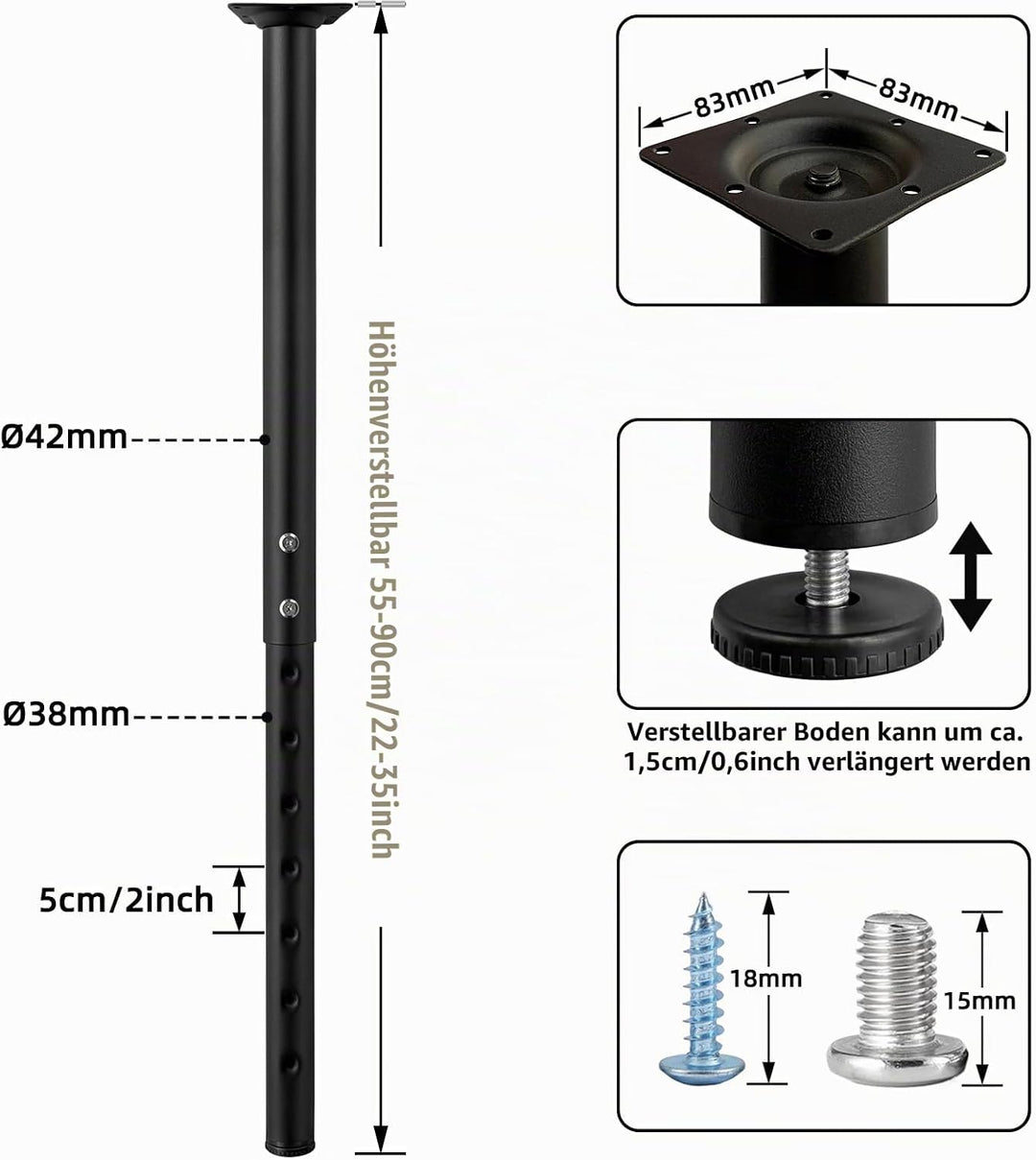 Jahof Tischbein Metall Höhenverstellbar 55-90 cm für Tischplatte, Möbelfüsse Verstellbar für DIY Möb