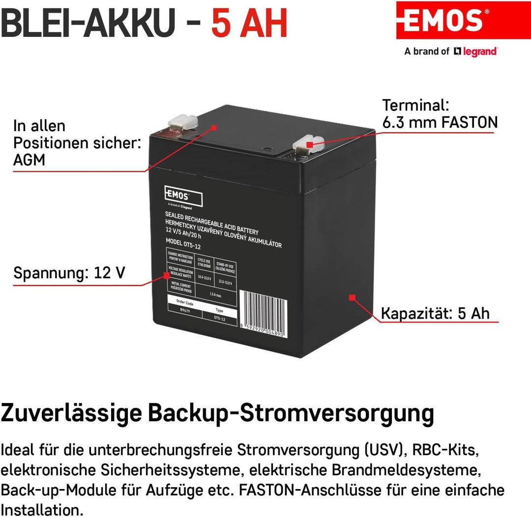 EMOS - Wartungsfreier Bleiakku - 12V 5Ah - AGM Batterie - Faston 6,3mm Anschluss - Für Alarmsysteme,