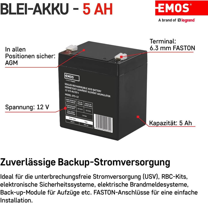 EMOS - Wartungsfreier Bleiakku - 12V 5Ah - AGM Batterie - Faston 6,3mm Anschluss - Für Alarmsysteme,