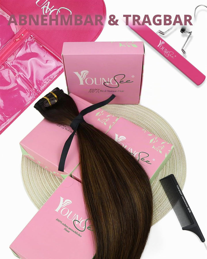 YoungSee 55cm Clip in Extensions Echthaar Ombre 120g Echthaar Extensions Clip Braun Echthaar Clip in