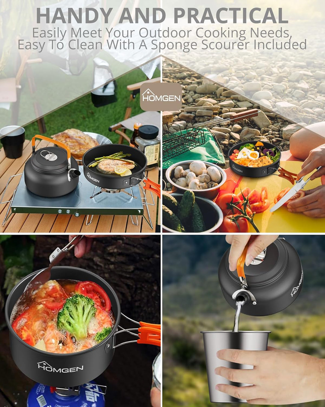 HOMGEN Portable Camping Cooking Set Camping Pots and Pans Set Aluminium Camping Cookware Kit Lightwe