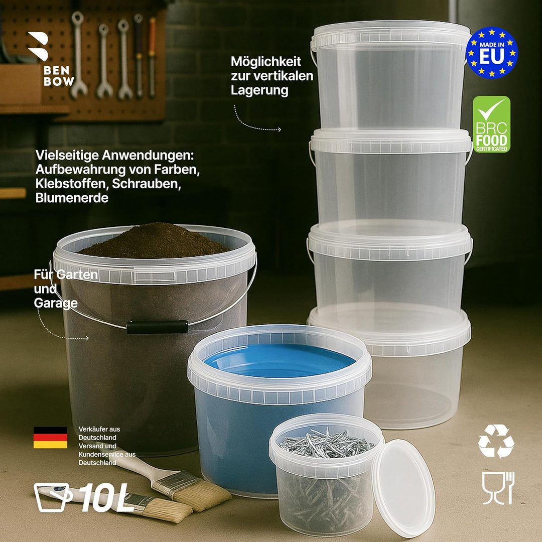 BenBow Eimer mit Deckel 10l Transparent 10x 10 Liter - lebensmittelecht, stabil, luftdicht, auslaufs