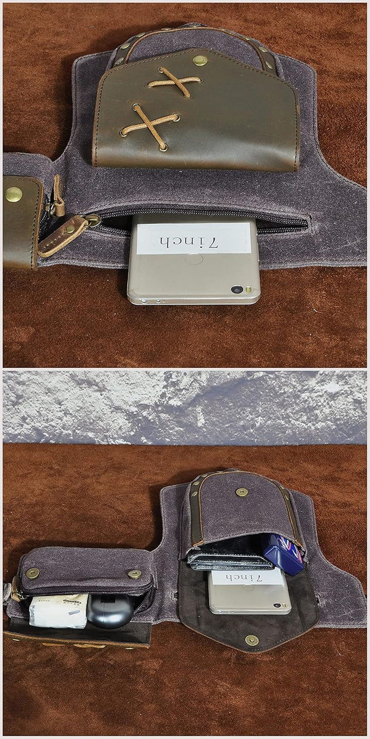 Le'aokuu Herren Canvas und Echtleder Wasserdichte Hüfttasche Umhängetasche Brusttasche Bauchtasche H