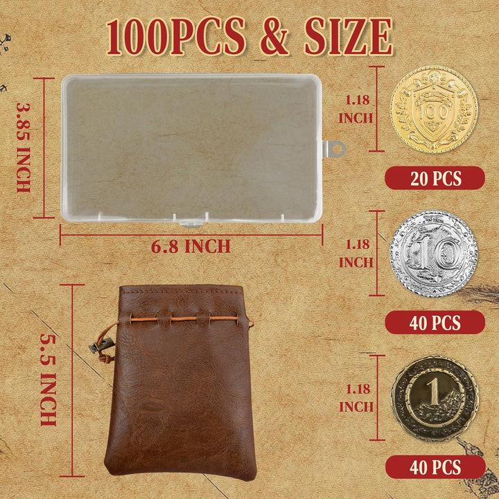 Byhoo 100 PCS Metall DND Münzen, 1,2“ Gold Silber Kupfer Token mit Nennwert für Brettspiel und Table
