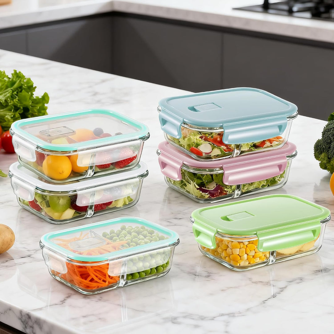 Zocipro 6 Stück Meal Prep Boxen Glas mit Deckel mit 2 Fächern 640ml | Leckproof/Leckfest Frischhalte