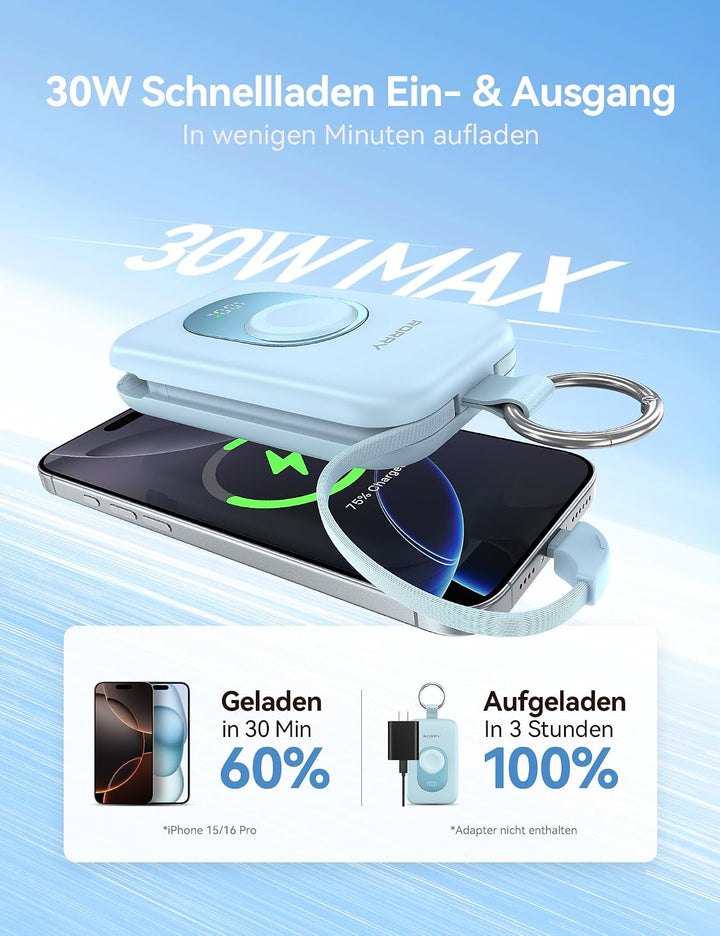 RORRY Powerbank,Power Bank 20000mAh 30W PD Schnellladen,Portable Charger mit 2 Integrierten Kabeln,