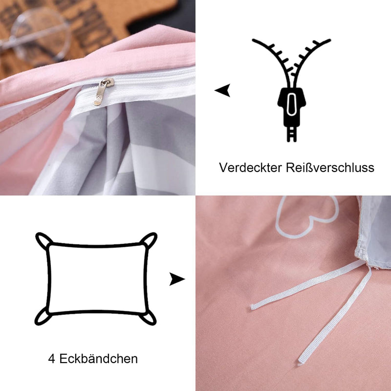 Freyamy Bettwäsche 200x220cm 3teilig Rosa Schwarz Herz Bettwaren-Sets Gebürstet Microfaser Weiche We