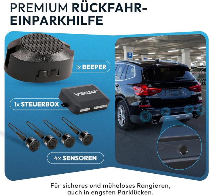 VSG24 Premium Einparkhilfe hinten zum nachrüsten am Auto, PDC Parksensoren hinten mit Stecksystem fü