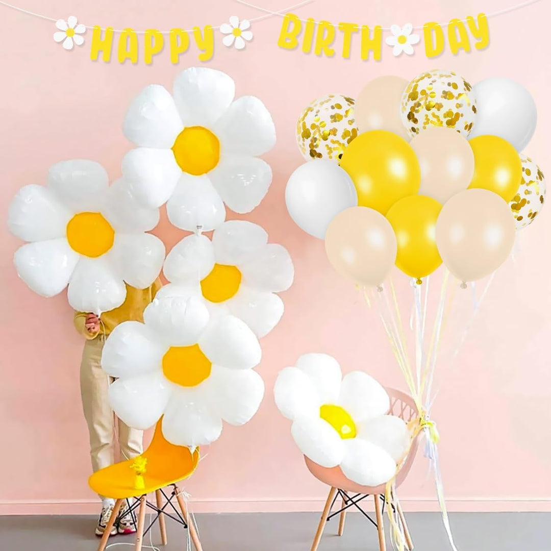 Gänseblümchen Geburtstag Luftballons Set, XXL Gänseblümchen Folienballons mit Happy Birthday Girland