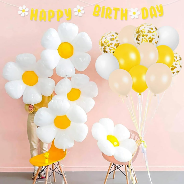 Gänseblümchen Geburtstag Luftballons Set, XXL Gänseblümchen Folienballons mit Happy Birthday Girland