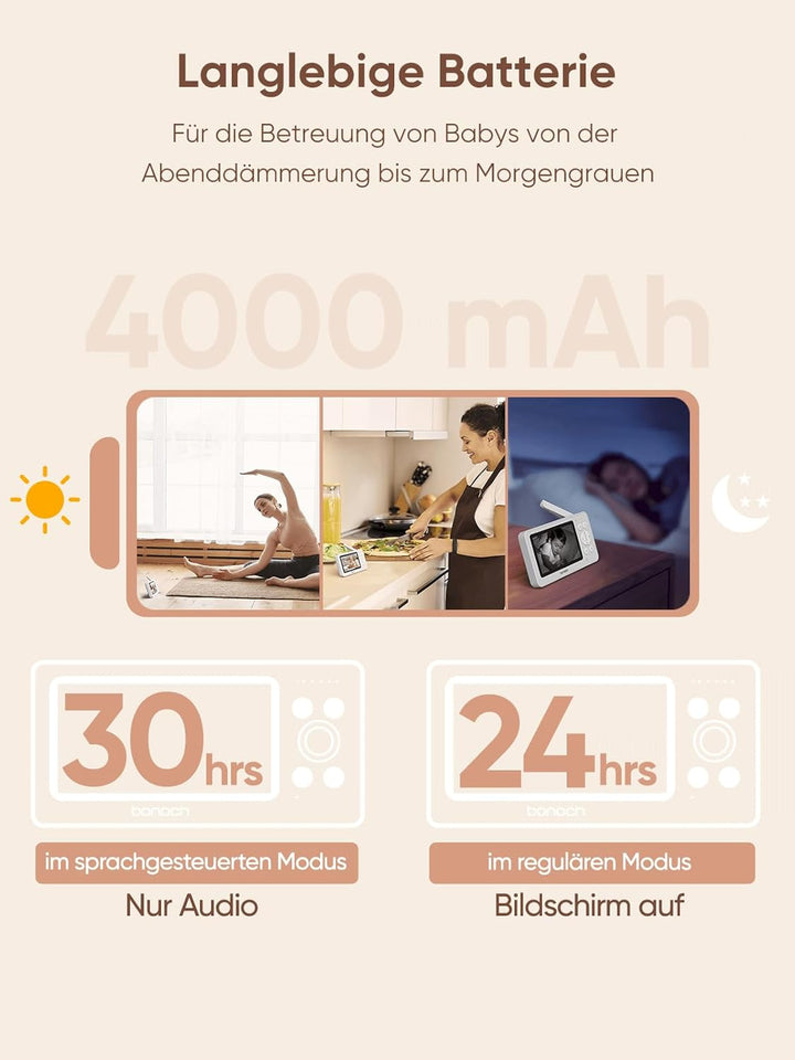 bonoch 4,3 Zoll Babyphone mit Kamera, 720p 4000mAh Akku Video Babyphon ohne WLAN, Nachtsicht, Beidse