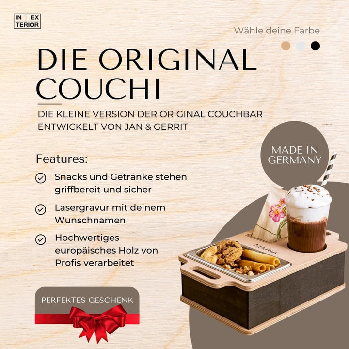 INEXTERIOR – Couchbar Couchi handgefertigt aus Holz in Schwarz mit Wunschgravur – Eckige Snack Box m