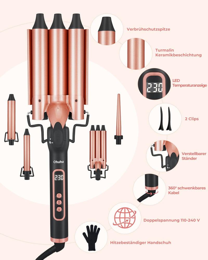 5 in 1 Lockenstab Set, Ohuhu Lockenstäbe mit 9-32 mm Zubehörteile LED Anzeige Keramikbeschichtung 3