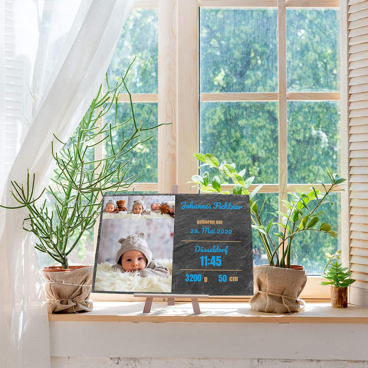 wandmotiv24 Schieferplatte mit eigenen Fotos zur Geburt, 30 x 20 cm, inklusive Staffelei, 4 Fotos +