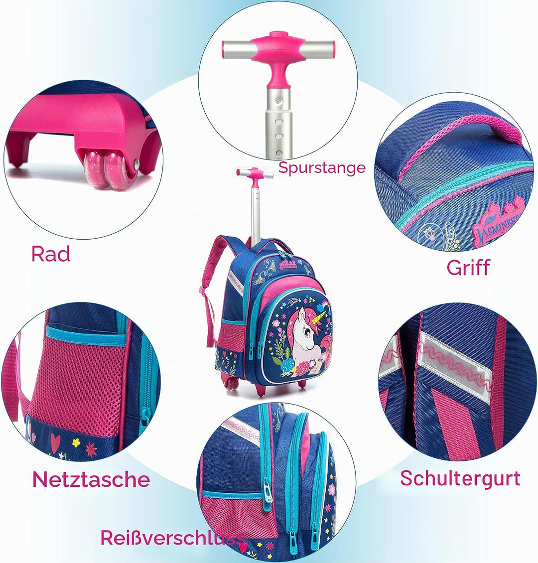 HTgroce Einhorn Schulranzen Rucksack Trolley mit 2 Rollen für Kinder Mädchen,Schulranzen mit Rollen