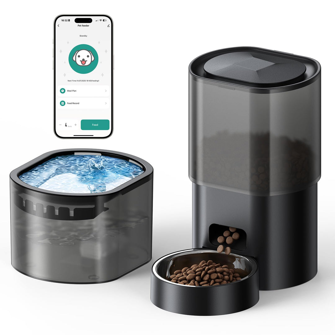 3L Automatischer Katzenfutterspender 2,5L Katzenbrunnen-Set, geräuscharmes App-gesteuertes Fernfütte