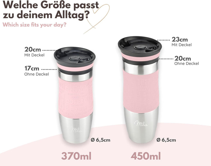 Milu Thermobecher 370ml 450ml Isolierbecher Kaffeebecher to go - 100% Auslaufsicher - Trinkbecher au