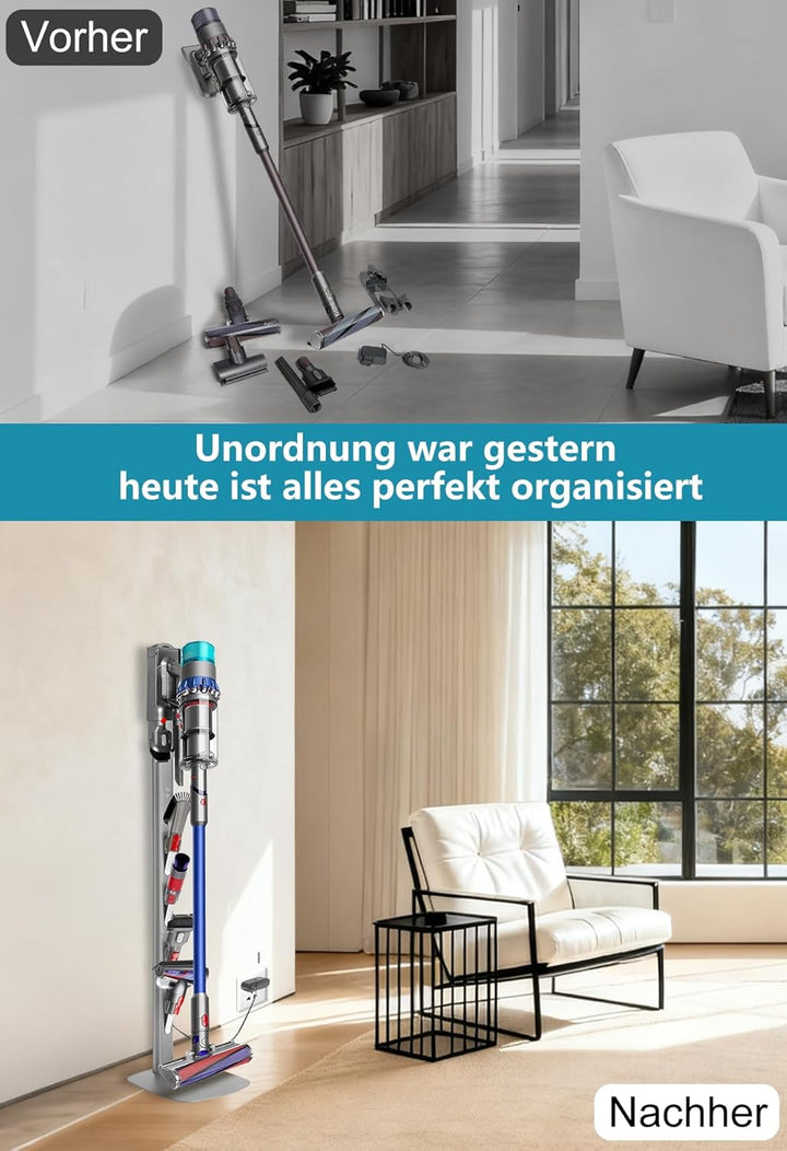 Freistehende Staubsaugerhalterung aus Kohlenstoffstahl mit verstärktem Standfuss und Zubehörhaken, g