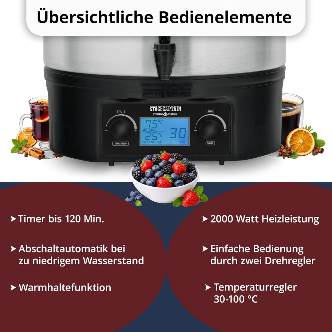 Stagecaptain GWK-27D Glühweinkocher - Digitaler Einkochautomat mit 27 Liter - LCD-Anzeige - 2000 Wat