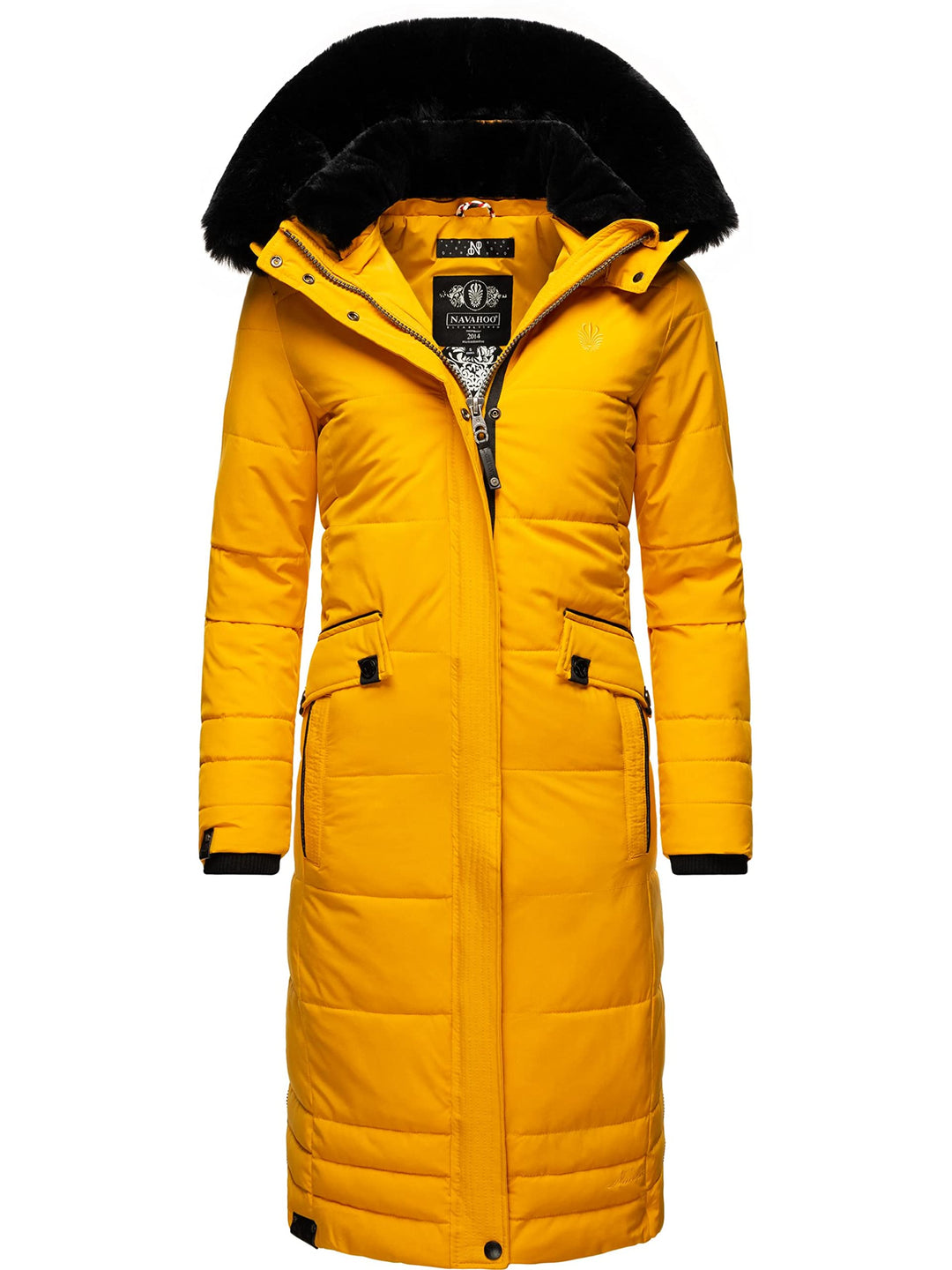 Navahoo Damen Wintermantel Warmer Steppmantel lang mit Abnehmbarer Kapuze Fahmiyaa XS-3XL XS Gelb, X