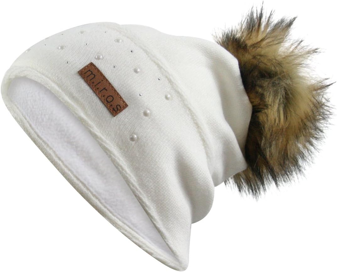 Annette Damen Wintermütze Weiss mit Perlen | handgemachte Pompom Mütze