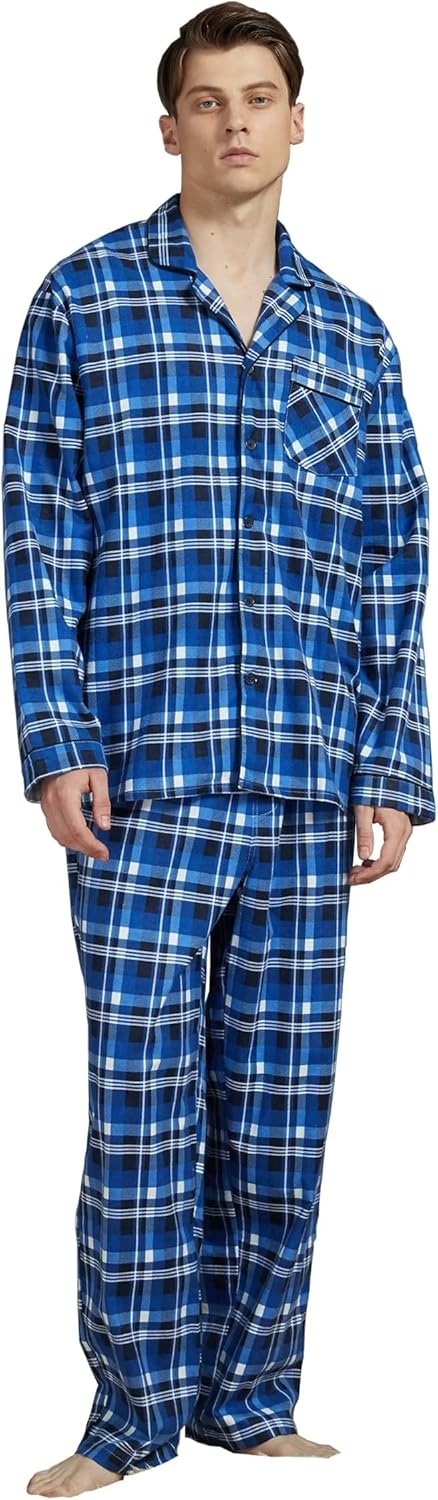 Amaxer Flanell Schlafanzug Herren 100% Baumwolle Pyjama mit Knopfleiste Set Lang Warmer Winter Schla