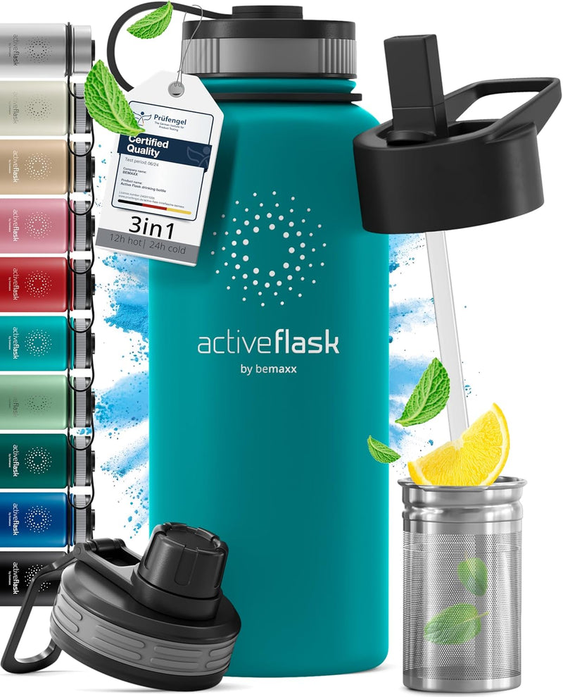 Trinkflasche Edelstahl ACTIVE FLASK + Strohhalm (3 Deckel) BPA-frei, Auslaufsicher, Kohlensäure geei