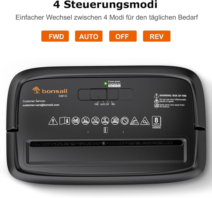 Bonsaii Aktenvernichter 8 Blatt, Papierschredder mit Sicherheitsstufe P-4, Kreuzschnitt 5 x 14 mm, S