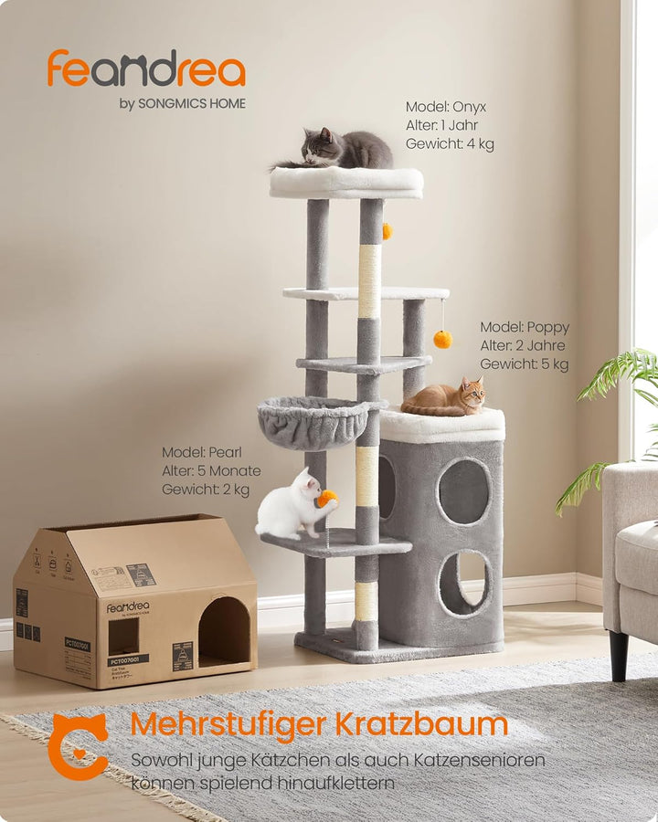 Feandrea Kratzbaum, 152 cm hoch, mehrstöckiger Katzenbaum mit 2 grossen Höhlen, 1 Liegemulde, 3 Krat
