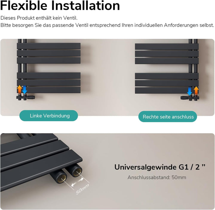 EMKE Badheizkörper Flach 1599x600 mm, Handtuchheizkörper mit Seitenanschluss, Effizienter Handtuchwä