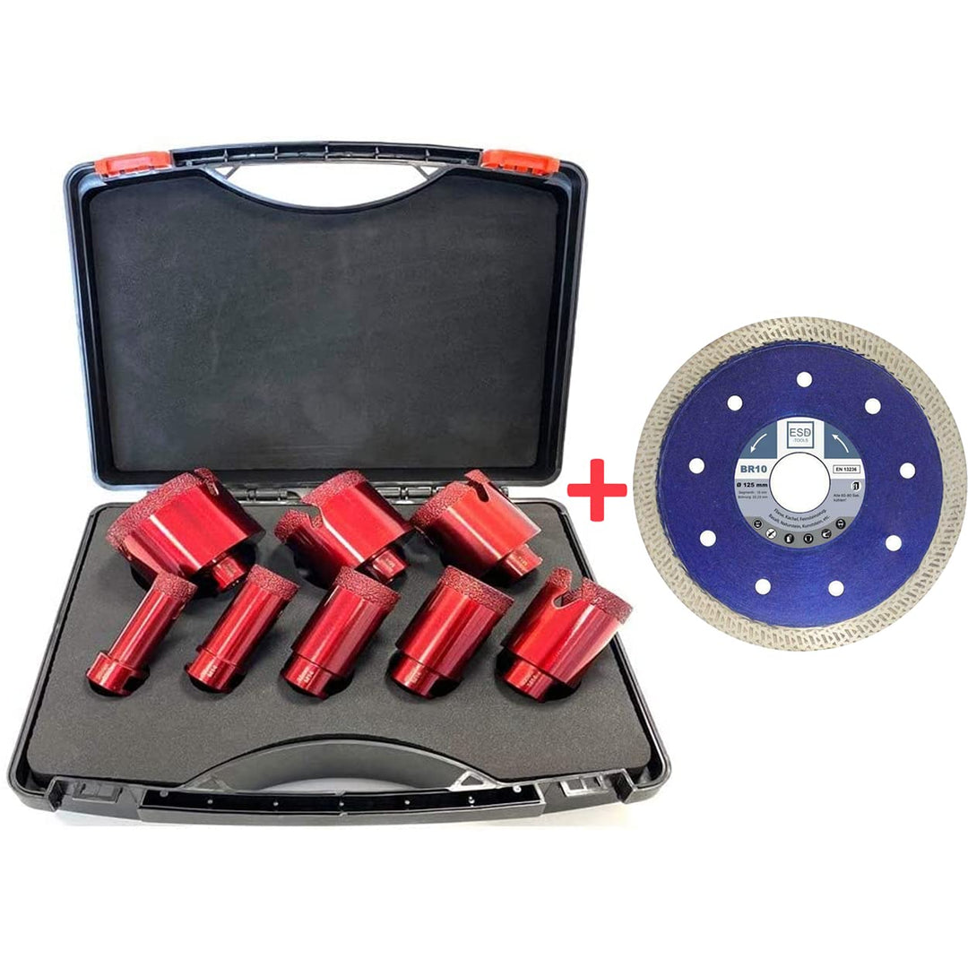 Premium Fliesenbohrer Set 20|25|32|35|40|50|60|68 Vakuum M14 + Diamanttrennscheibe BR10 125 | Set 8-