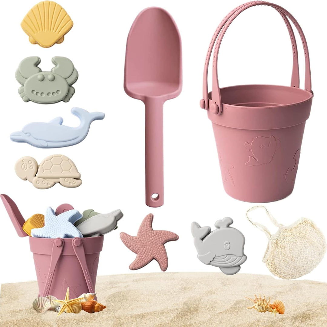 Sandspielzeug für Kinder, 8 Stück, sicheres Silikon-Strandspielzeug mit Schaufel, Eimer und Sandform