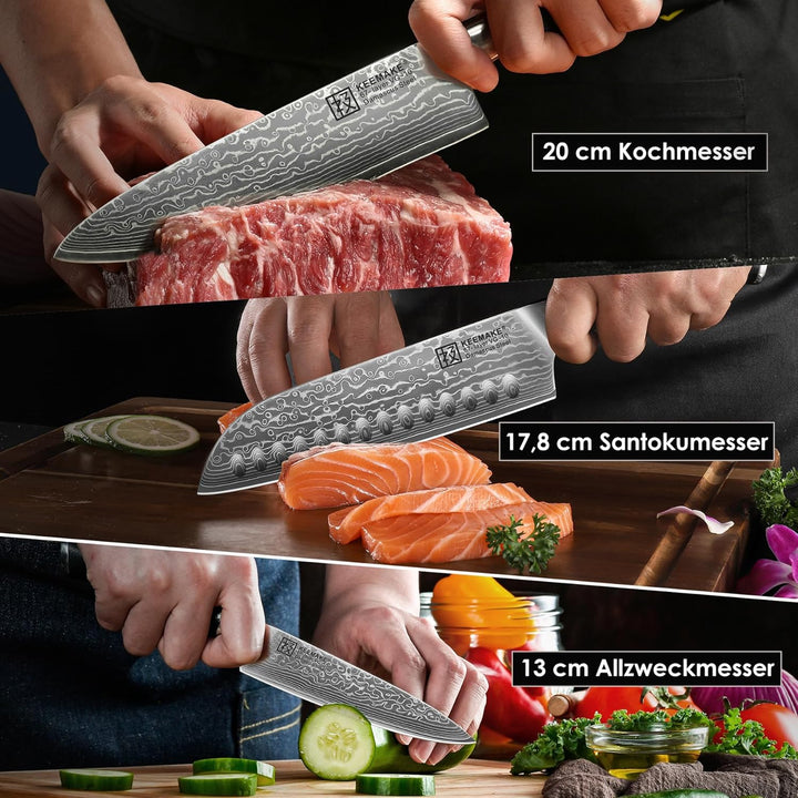 KEEMAKE Damastmesser Set 3 teilig - Küchenmesser Set aus 67 Lagen Damaststahl mit Ergonomischer G10